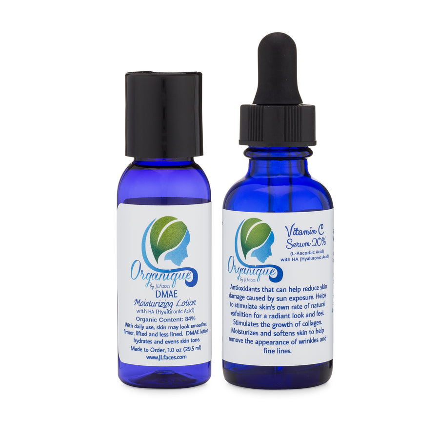 Vitamin C Serum and DMAE. 100% organic anti-aging skincare products.