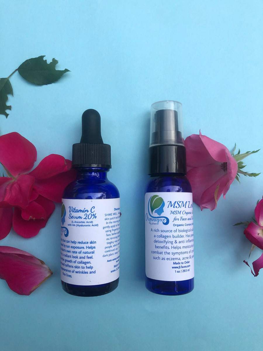 Vitamin C Serum and MSM Lotion. 100% organic anti-aging skincare products.